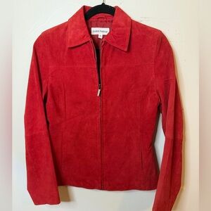 Red Suede Leather Jacket – Classic Y2K Zip-Up (Size M)